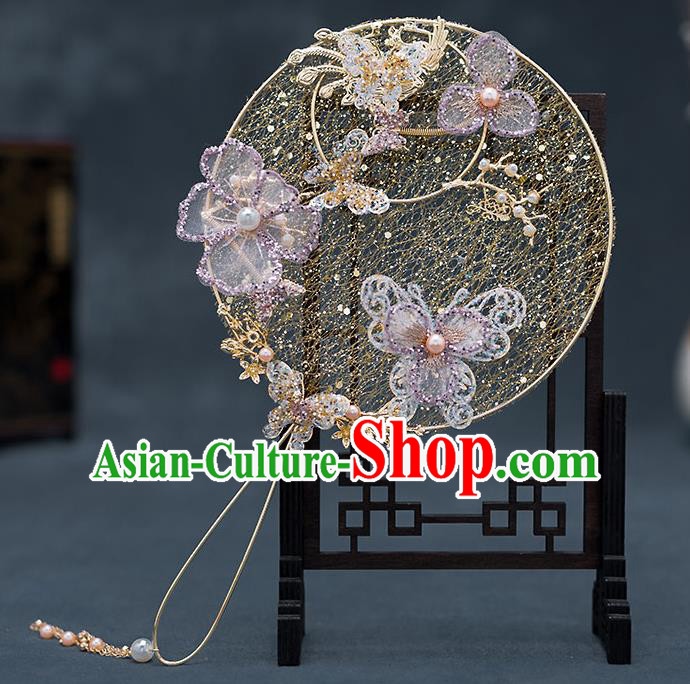 Chinese Handmade Golden Palace Fans Classical Fans Ancient Bride Props Lilac Butterfly Flowers Round Fans