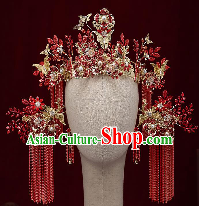 Chinese Handmade Hair Crown Classical Wedding Hair Accessories Ancient Bride Red Tassel Phoenix Coronet Hairpins Complete Set