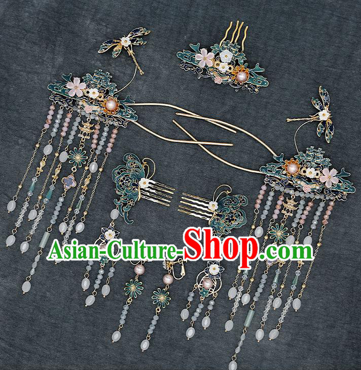 Chinese Handmade Blueing Hair Crown Classical Wedding Hair Accessories Ancient Bride Hair Comb Hairpins Complete Set