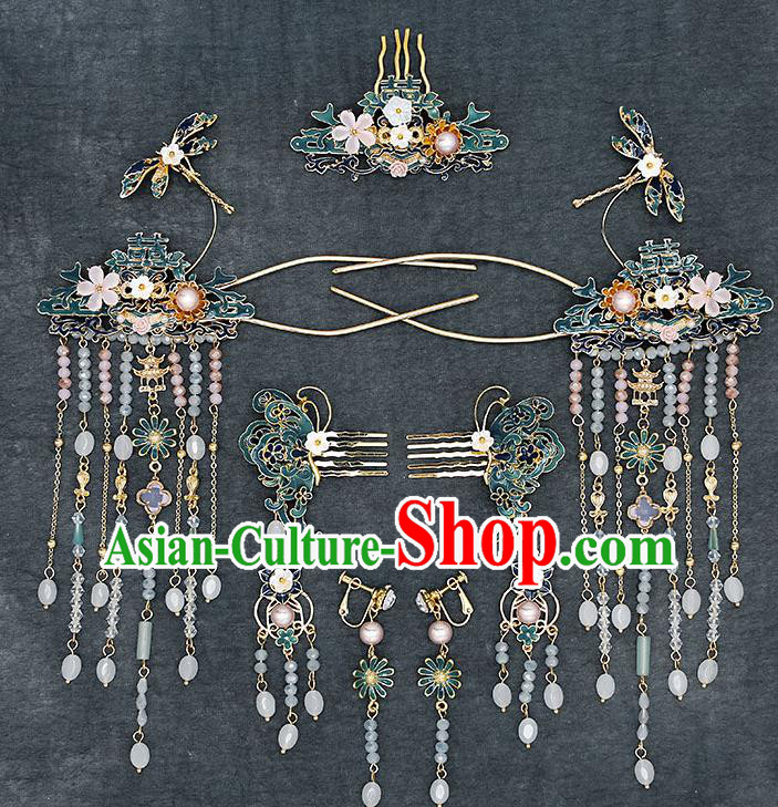 Chinese Handmade Blueing Hair Crown Classical Wedding Hair Accessories Ancient Bride Hair Comb Hairpins Complete Set