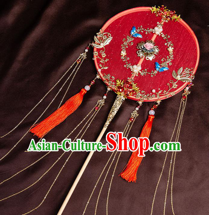 Chinese Handmade Tassel Palace Fans Classical Fans Ancient Bride Props Red Silk Round Fans