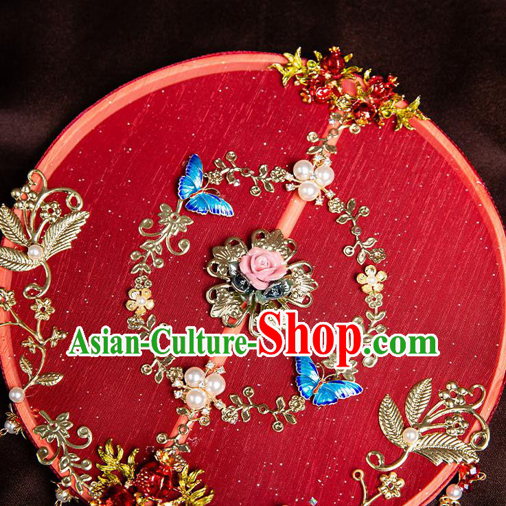 Chinese Handmade Tassel Palace Fans Classical Fans Ancient Bride Props Red Silk Round Fans