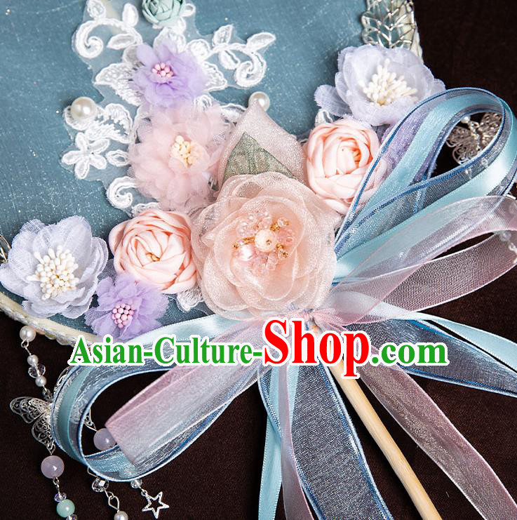 Chinese Handmade Silk Rose Flowers Palace Fans Classical Fans Ancient Bride Props Ribbon Round Fans