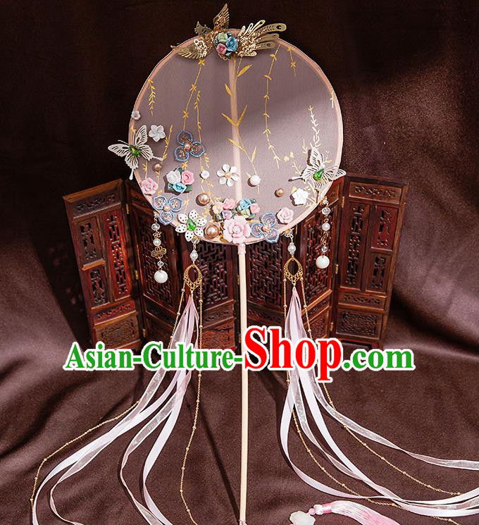 Chinese Handmade Pink Silk Palace Fans Classical Fans Ancient Bride Props Ribbon Tassel Round Fans