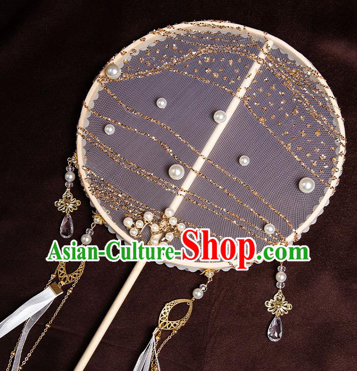 Chinese Handmade Silk Palace Fans Classical Fans Ancient Bride Props White Ribbon Tassel Round Fans
