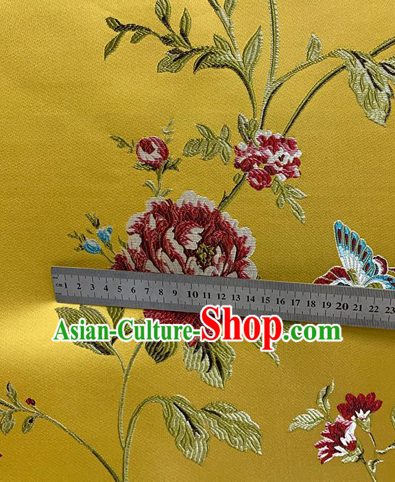 Chinese Traditional Butterfly Peony Pattern Yellow Silk Fabric Brocade Drapery Hanfu Dress Damask Material