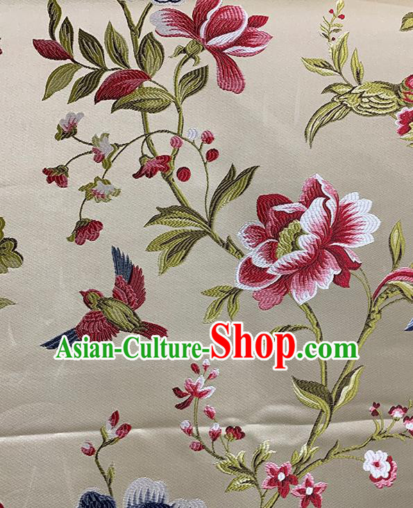 Chinese Traditional Peony Birds Pattern Beige Silk Fabric Brocade Drapery Hanfu Dress Damask Material