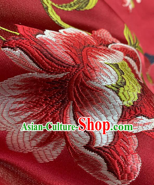 Chinese Traditional Peony Birds Pattern Red Silk Fabric Brocade Drapery Hanfu Dress Damask Material