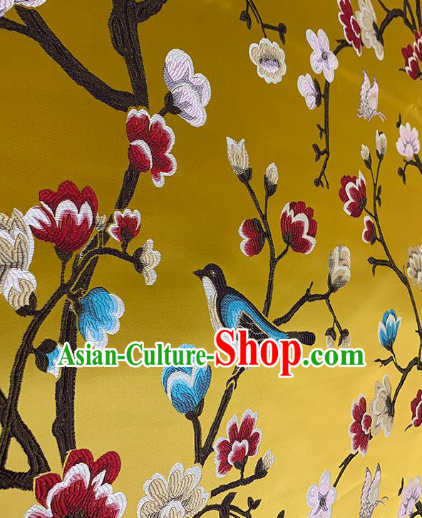 Chinese Traditional Magpie Plum Pattern Yellow Silk Fabric Brocade Drapery Hanfu Dress Damask Material