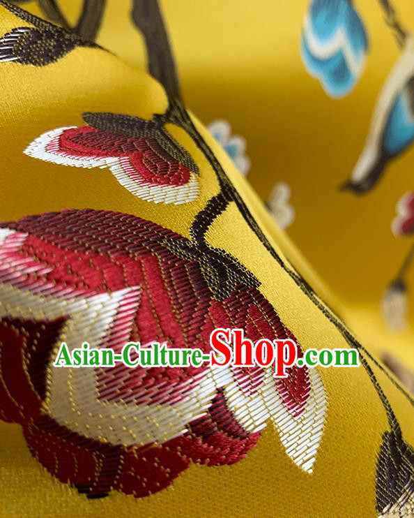 Chinese Traditional Magpie Plum Pattern Yellow Silk Fabric Brocade Drapery Hanfu Dress Damask Material