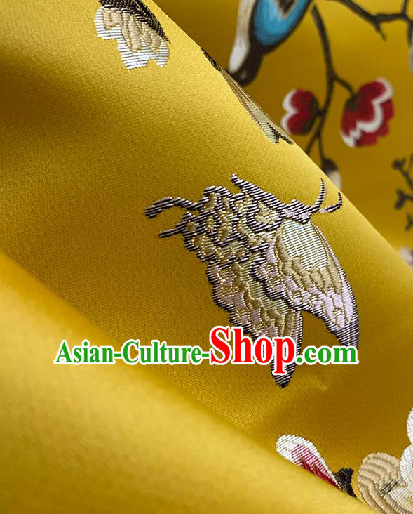 Chinese Traditional Magpie Plum Pattern Yellow Silk Fabric Brocade Drapery Hanfu Dress Damask Material