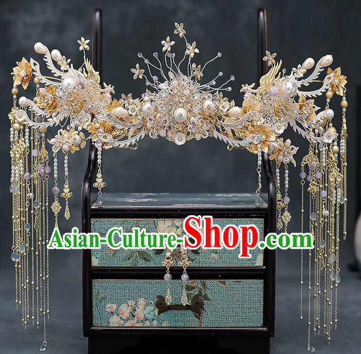 Chinese Handmade Golden Tassel Hair Crown Classical Wedding Hair Accessories Ancient Bride Phoenix Coronet Hairpins Complete Set