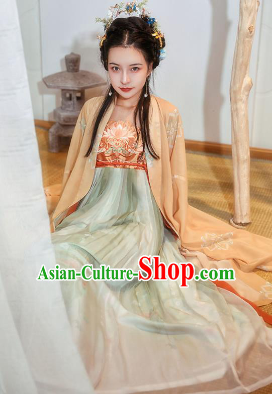Chinese Tang Dynasty Princess Historical Costumes Traditional Ancient Hanfu Apparels Embroidered Cape and Dress Full Set
