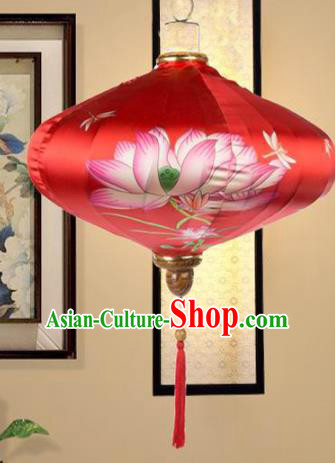 Chinese Traditional Printing Lotus Red Silk Palace Lanterns Handmade Hanging Lantern New Year Classical Lamp