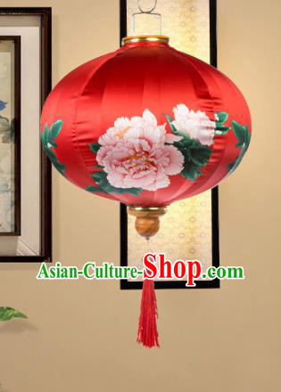 Chinese Traditional Printing Peony Red Palace Lanterns Handmade Ceiling Lantern New Year Classical Festive Lamp