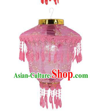 Chinese Traditional Printing Rose Pink Cloth Palace Lanterns Handmade Hanging Lantern Classical Festive New Year Lace Lamp