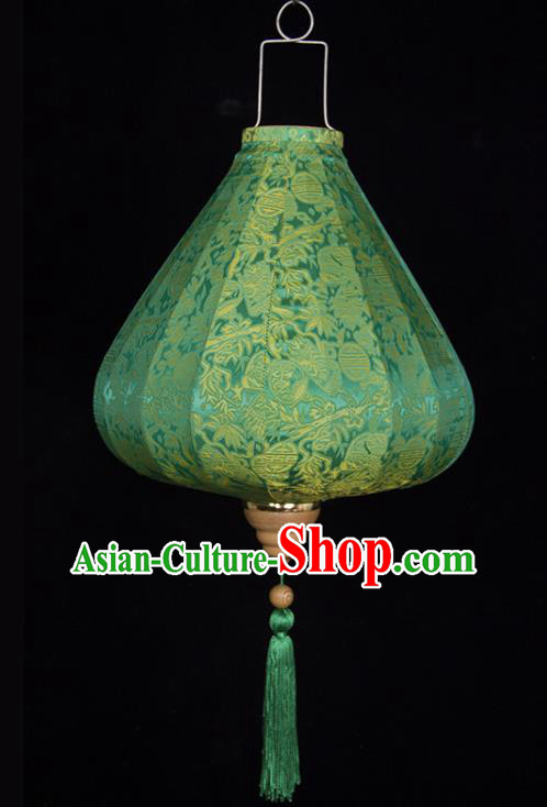 Chinese Traditional Lucky Pattern Green Silk Palace Lanterns Handmade Hanging Lantern Classical Festive New Year Tulip Lamp