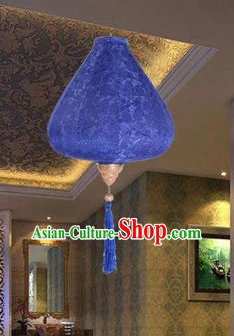 Chinese Traditional Lucky Pattern Deep Blue Silk Palace Lanterns Handmade Hanging Lantern Classical Festive New Year Tulip Lamp