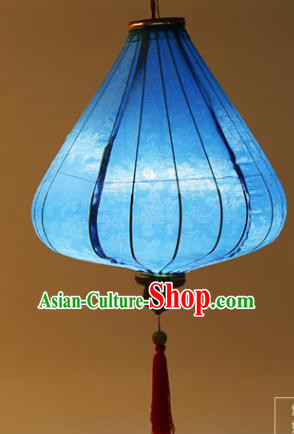 Chinese Traditional Lucky Pattern Blue Silk Palace Lanterns Handmade Hanging Lantern Classical Festive New Year Tulip Lamp