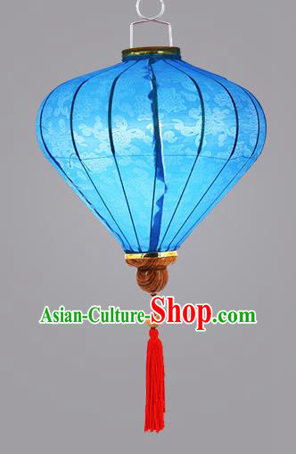 Chinese Traditional Blue Silk Palace Lanterns Handmade Hanging Lantern Classical Festive New Year Diamond Lamp