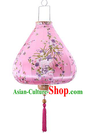 Chinese Traditional Printing Daffodil Pink Palace Lanterns Handmade Hanging Lantern Classical Festive New Year Satin Lamp