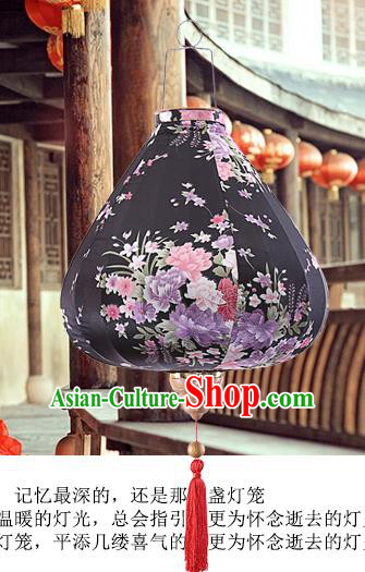 Chinese Traditional Printing Daffodil Black Palace Lanterns Handmade Hanging Lantern Classical Festive New Year Satin Lamp