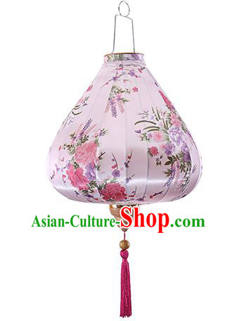 Chinese Traditional Printing Daffodil Beige Palace Lanterns Handmade Hanging Lantern Classical Festive New Year Satin Lamp