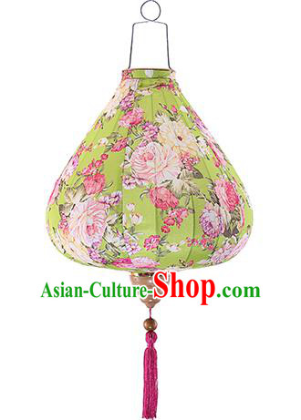 Chinese Traditional Printing Roses Light Green Palace Lanterns Handmade Hanging Lantern Classical Festive New Year Satin Lamp