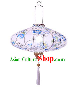 Chinese Traditional Ink Painting Blue Flowers Palace Lanterns Handmade Hanging Lantern Festive New Year Classical Saucer Lamp