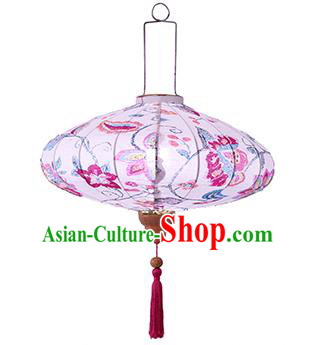 Chinese Traditional Ink Painting Pink Flowers Palace Lanterns Handmade Hanging Lantern Festive New Year Classical Saucer Lamp