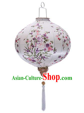 Chinese Handmade Printing Flowers White Satin Palace Lanterns Traditional New Year Hanging Lantern Classical Mid Autumn Festival Lamp