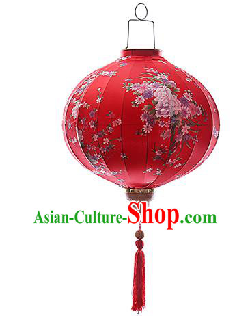 Chinese Handmade Printing Flowers Red Satin Palace Lanterns Traditional New Year Hanging Lantern Classical Mid Autumn Festival Lamp