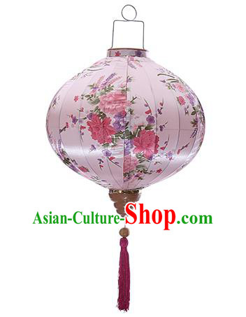 Chinese Handmade Printing Peony Plum Pink Satin Palace Lanterns Traditional New Year Lantern Classical Mid Autumn Festival Lamp
