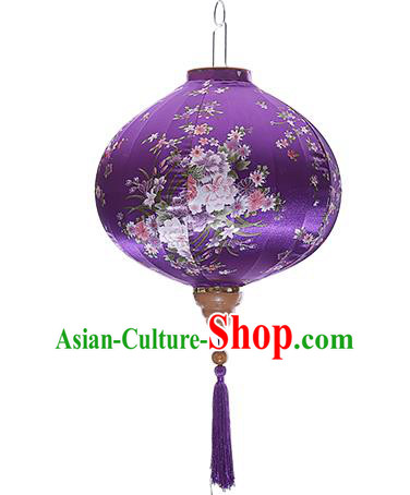 Chinese Handmade Printing Peony Purple Satin Palace Lanterns Traditional New Year Lantern Classical Mid Autumn Festival Lamp