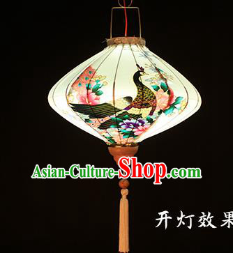 Handmade Chinese Printing Peacock White Palace Lanterns Traditional New Year Lantern Classical Festival Satin Lamp