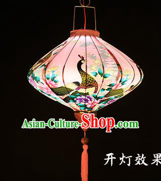 Handmade Chinese Printing Peacock Pink Satin Palace Lanterns Traditional New Year Lantern Classical Festival Silk Lamp