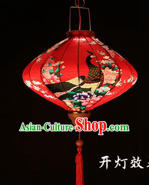 Handmade Chinese Printing Peacock Maroon Satin Palace Lanterns Traditional New Year Lantern Classical Festival Silk Lamp