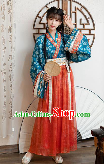 Chinese Ancient Jin Dynasty Palace Princess Historical Costumes Traditional Hanfu Apparels Blue Blouse and Red Skirt
