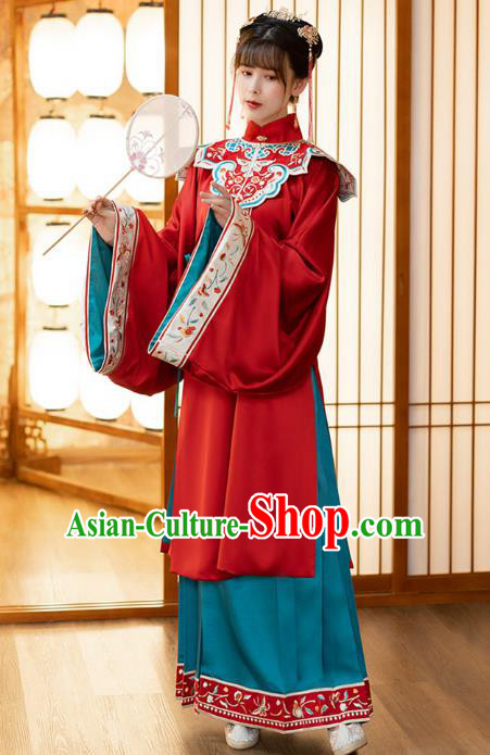 Chinese Ancient Ming Dynasty Nobility Female Historical Costumes Traditional Hanfu Apparels Embroidered Red and Blue Skirt