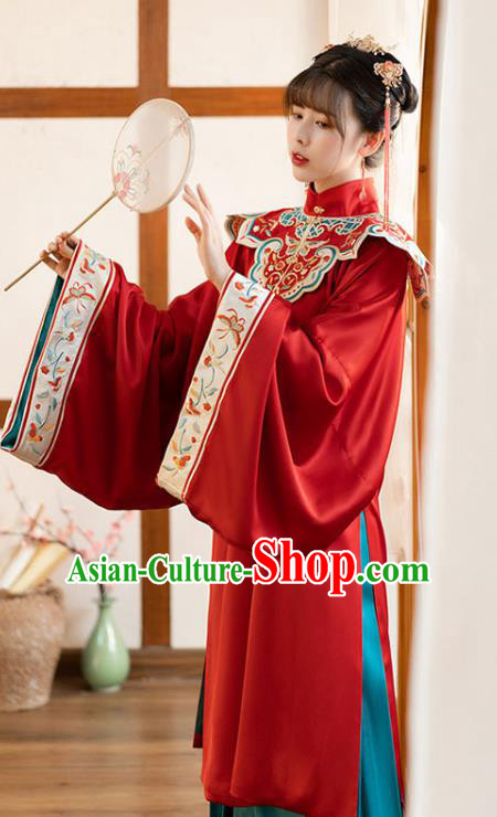 Chinese Ancient Ming Dynasty Nobility Female Historical Costumes Traditional Hanfu Apparels Embroidered Red and Blue Skirt