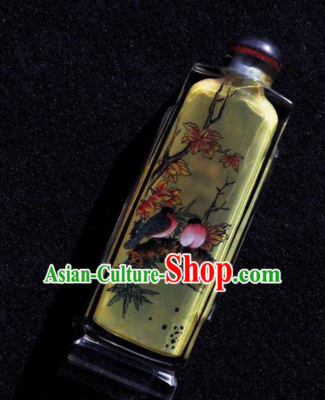 Chinese Handmade Yellow Snuff Bottle Traditional Inside Painting Plum Blossom Birds Snuff Bottles Artware