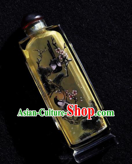 Chinese Handmade Yellow Snuff Bottle Traditional Inside Painting Plum Blossom Birds Snuff Bottles Artware