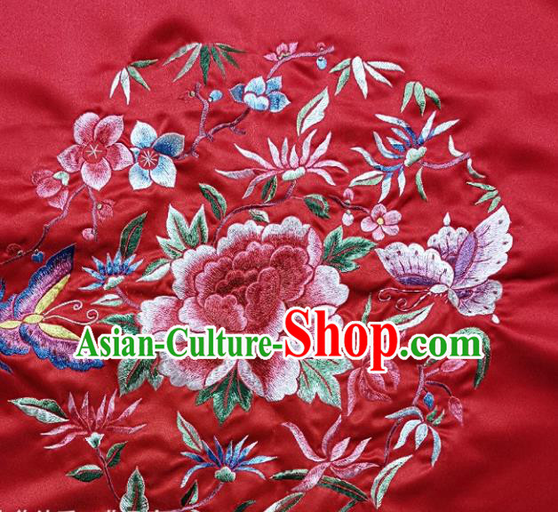 Traditional Chinese Embroidered Peony Butterfly Fabric Hand Embroidering Dress Round Applique Embroidery Red Silk Patches Accessories