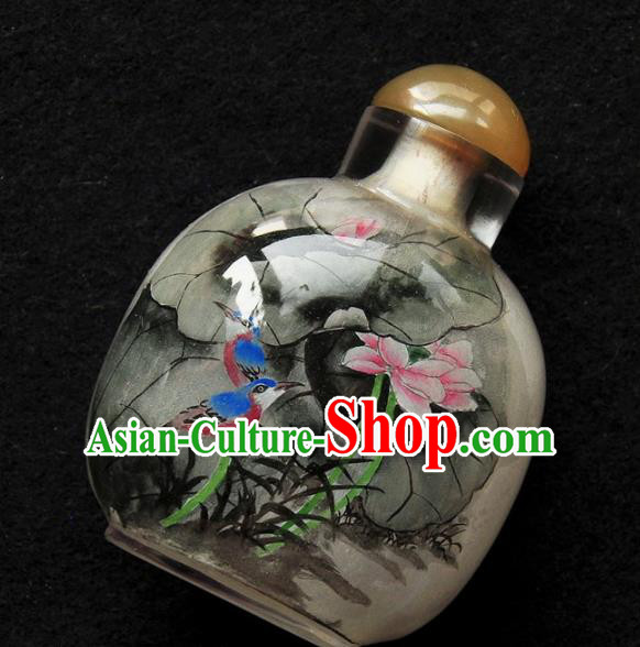 Chinese Handmade Snuff Bottle Traditional Inside Painting Lotus Birds Snuff Bottles Artware
