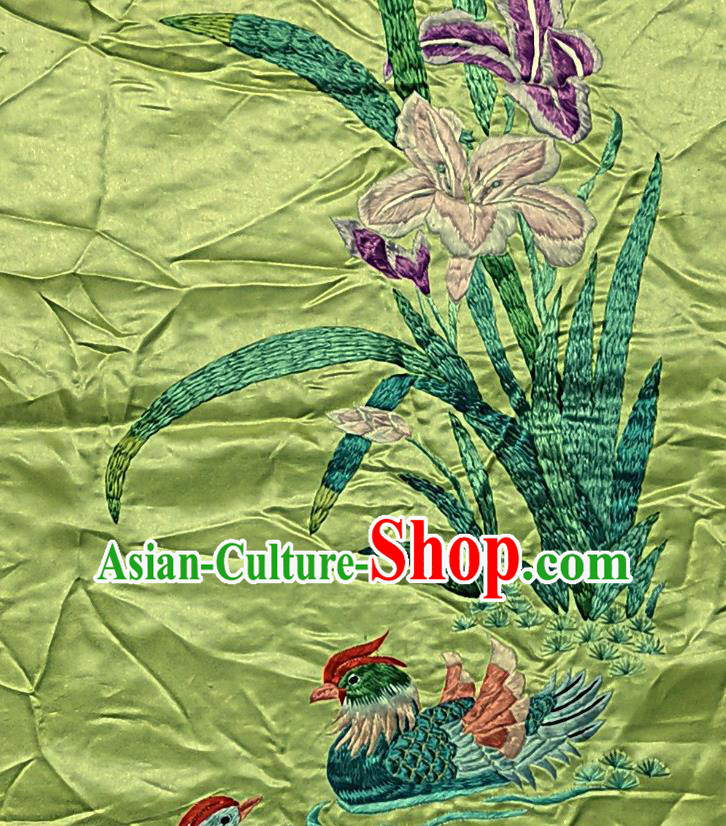 Traditional Chinese Embroidered Orchid Mandarin Duck Fabric Hand Embroidering Dress Applique Embroidery Green Silk Patches Accessories