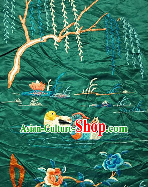 Traditional Chinese Embroidered Mandarin Duck Fabric Hand Embroidering Dress Applique Embroidery Deep Green Silk Patches Accessories