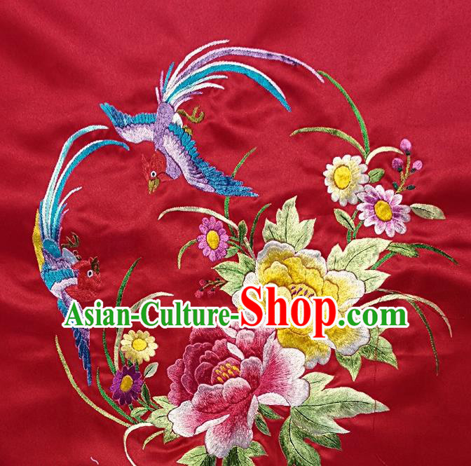 Traditional Chinese Embroidered Peony Birds Fabric Hand Embroidering Dress Round Applique Embroidery Red Silk Patches Accessories