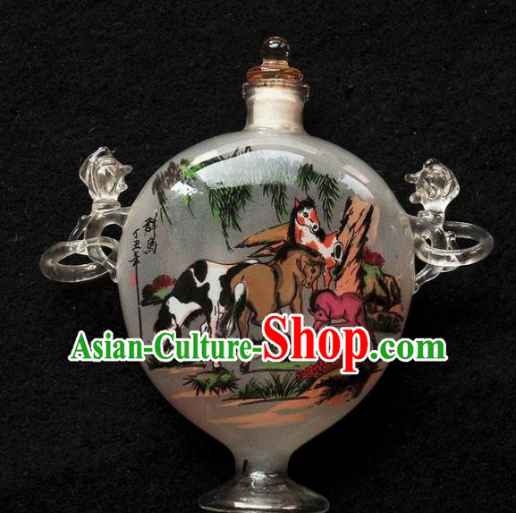 Chinese Handmade Snuff Bottle with Handles Traditional Inside Painting Horses Snuff Bottles Artware
