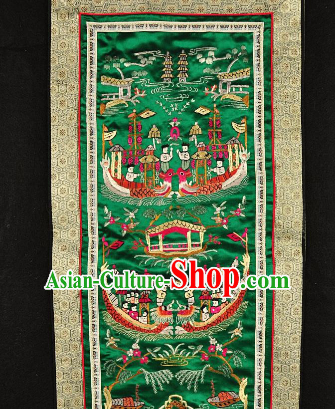 Traditional Chinese Embroidered Dragon Boat Race Decorative Painting Hand Embroidery Green Silk Picture Craft