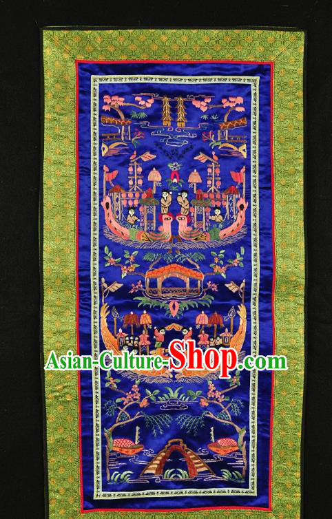 Traditional Chinese Embroidered Dragon Boat Race Decorative Painting Hand Embroidery Royalblue Silk Picture Craft